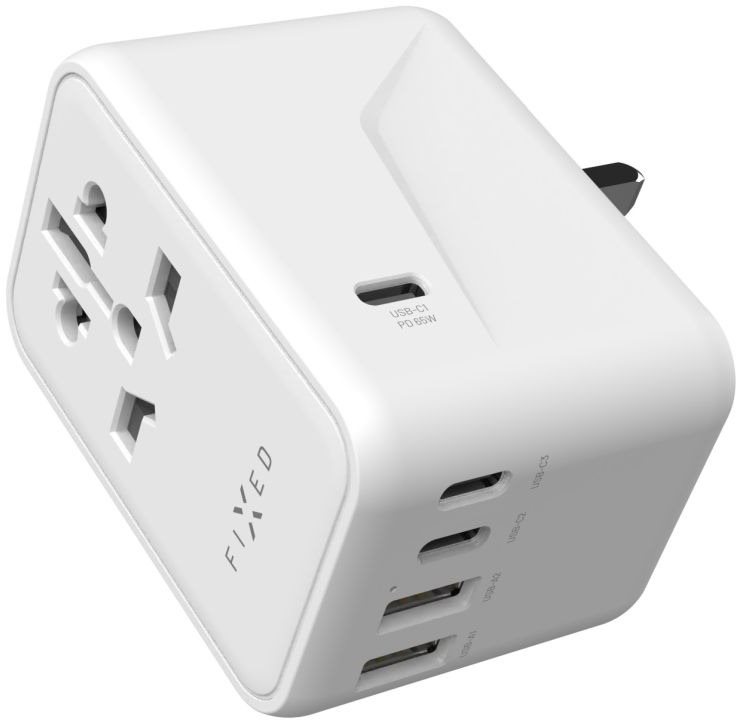 FIXED Voyager Travel GaN Adaptér EÚ UK USA/AUS s 3× USB-C a 2× USB výstupom PD 65 W biely