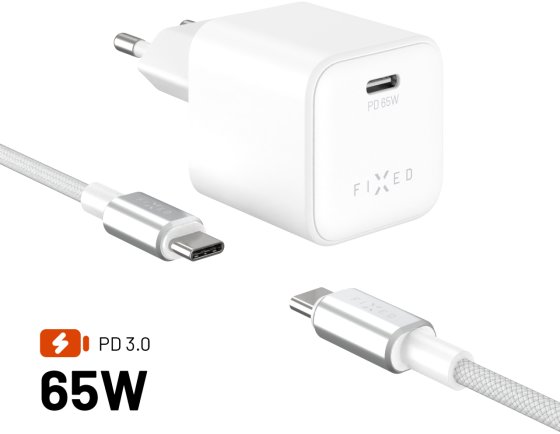 FIXED Mini GaN s USB-C výstupom a USB-C/USB-C káblom 2 m podpora PD 65W biela