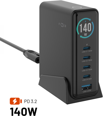 FIXED GaN Station 140 W s displejom 4× USB-C/USB PD 3.2 čierna