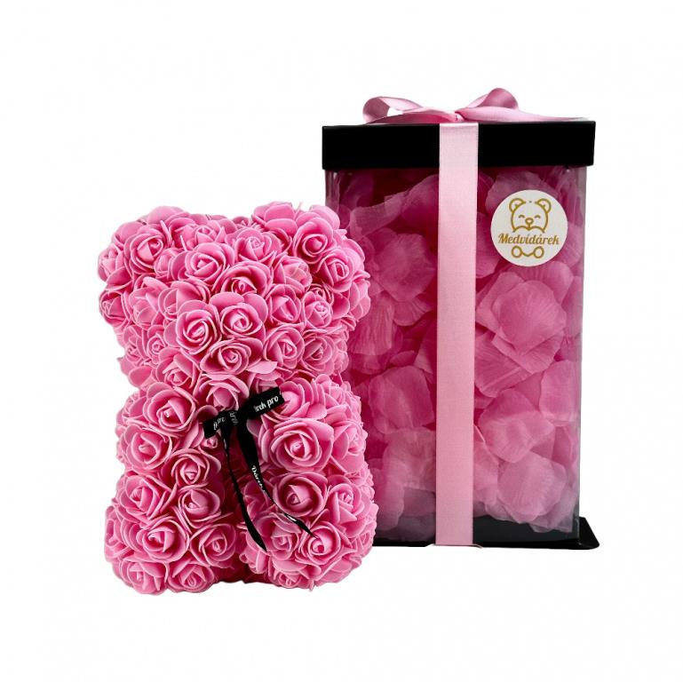 Medvídárek Romantic medvedík z ruží 25 cm ružový zasypaný ružovými lístkami
