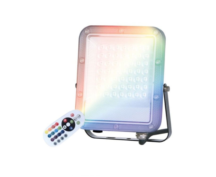 Garsaco Prémiový RGB LED reflektor 30 W, diaľkové ovládanie, 15 farieb + biela, 4 efekty, stmievanie