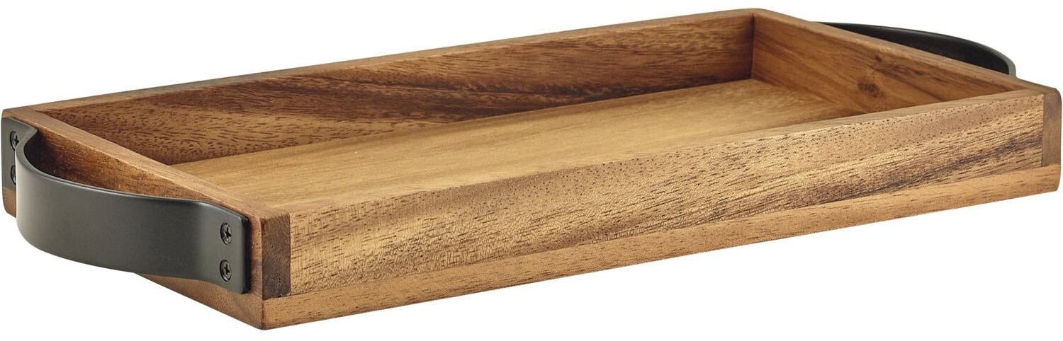 GENWARE Podnos Akácia, s kovovými rukoväťami, 32,5 × 17,5 cm, výška 3,5 cm