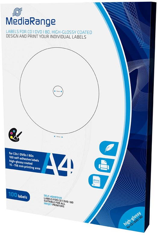 MediaRange CD/DVD/Blu-ray etikety 15 mm – 118 mm biele, vysoký lesk