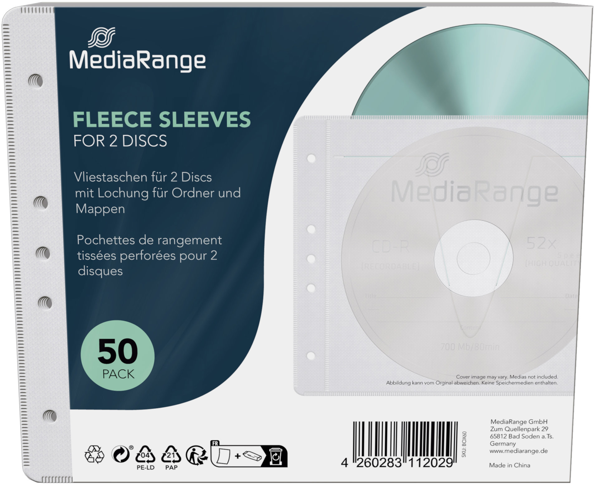 MEDIARANGE na 2 CD/DVD, biele, 50 ks