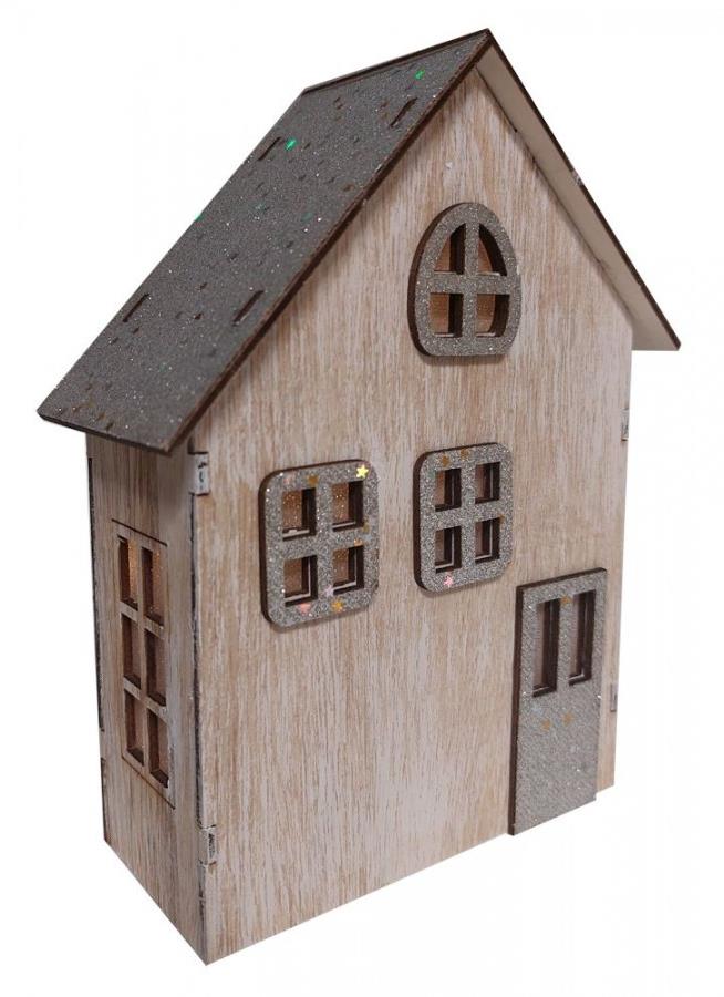 GOBA Vianočná dekorácia – drevený domček, svietiaci LED, strieborný, 18 cm
