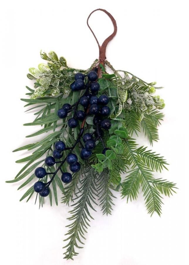 GOBA Vianočná dekorácia – závesná vetvička, modré bobule, 35 cm