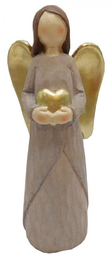GOBA Vianočná dekorácia – keramický anjel hnedý, so zlatým srdcom, 25 cm