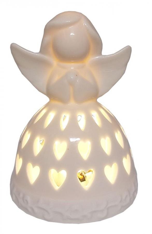 GOBA Vianočná dekorácia – porcelánový LED anjel biely, 8 cm