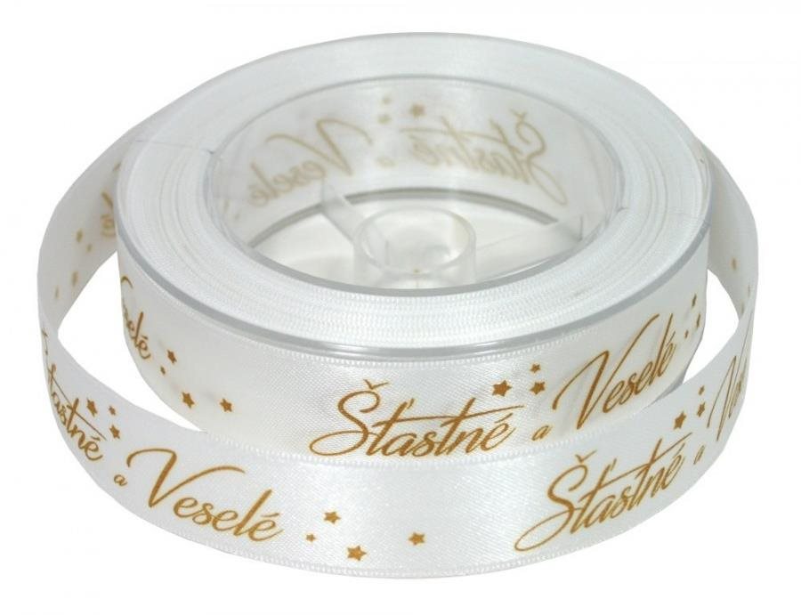 GOBA Stuha – látková, 25 m/2,5 cm, Šťastné a veselé, biela