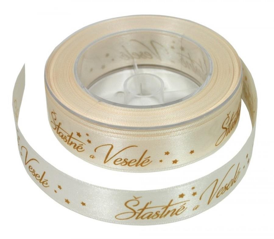 GOBA Stuha – látková, 25 m/2,5 cm, Šťastné a veselé, krémová