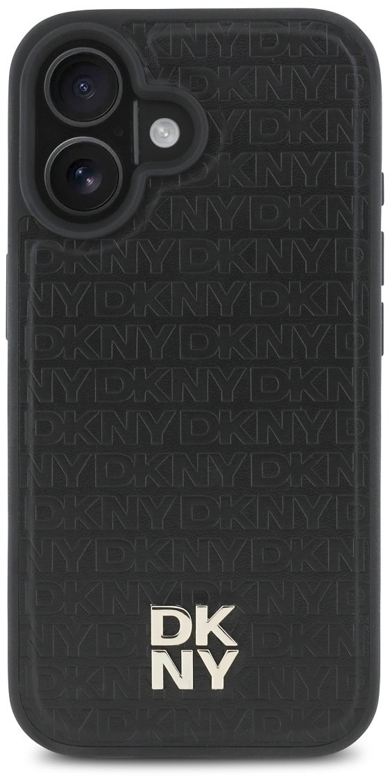 DKNY PU Leather Repeat Pattern Stack Logo MagSafe Zadný Kryt na iPhone 16 Black
