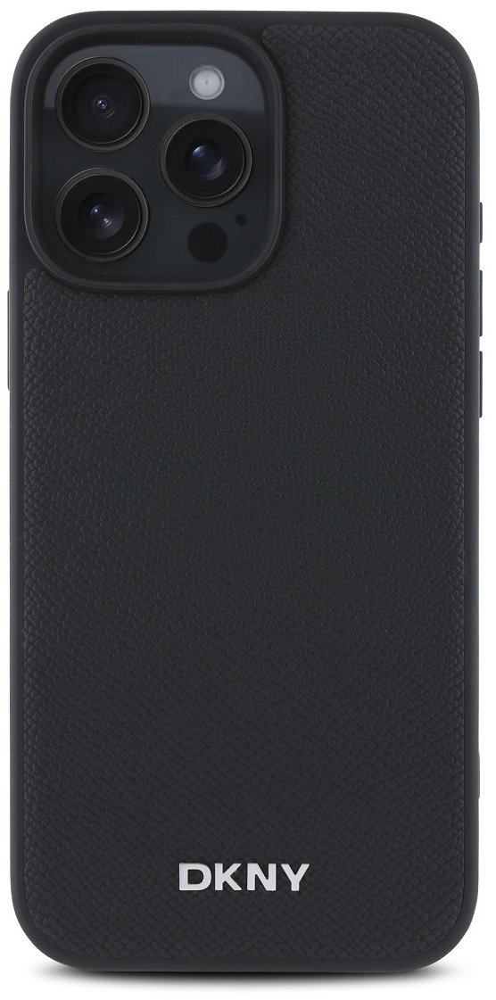 DKNY PU Leather Silver Metal Logo Magsafe Zadný Kryt na iPhone 16 Pro Black