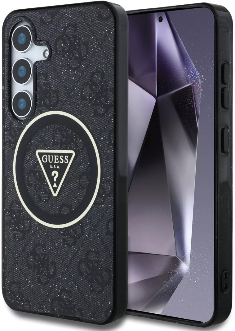 Guess IML 4G Glitter and Triangle Logo MagSafe Zadný Kryt pre Samsung Galaxy S25+ Black