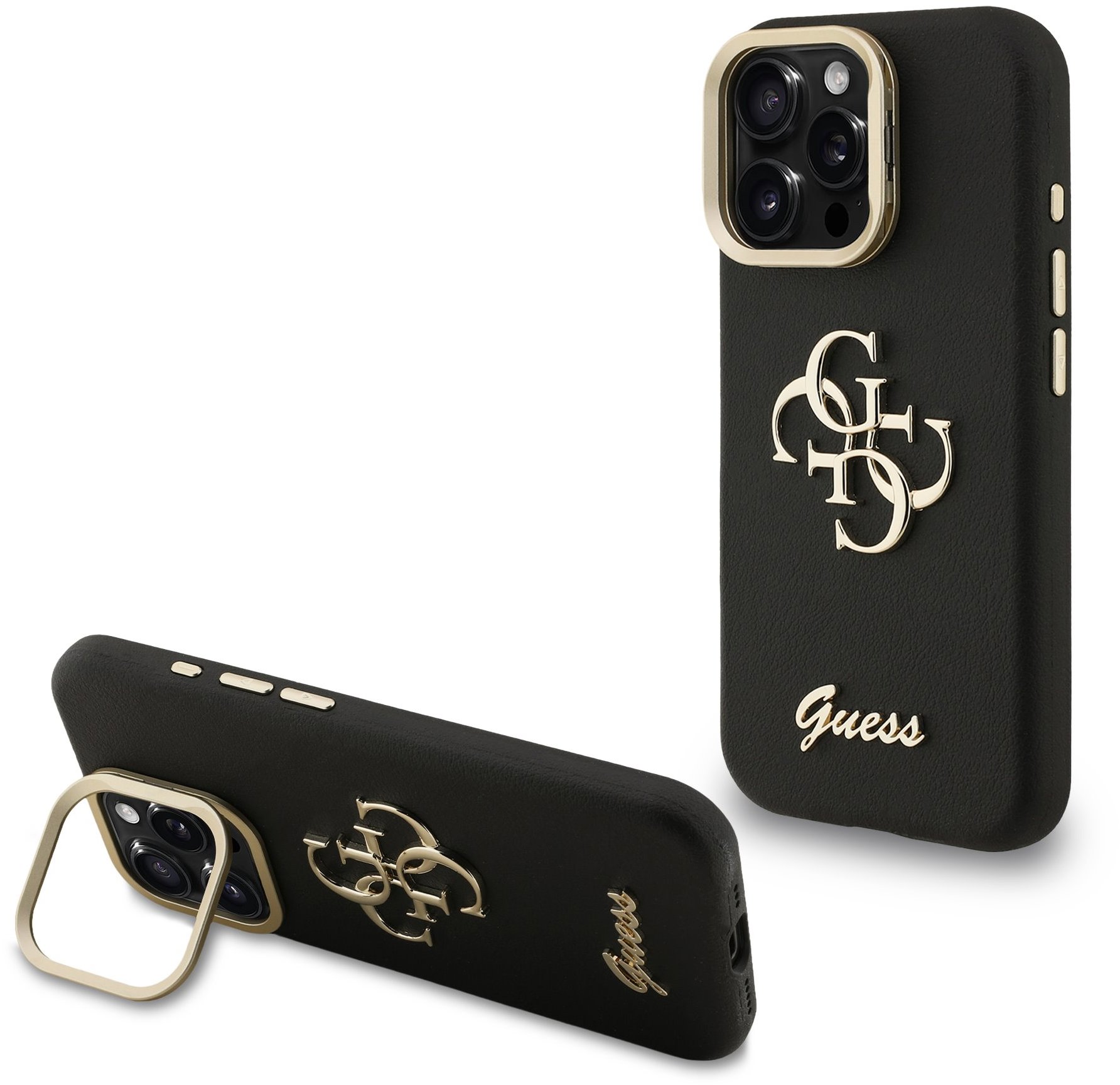 Guess PU Grained 4G Logo Stand Camera Frame Zadný Kryt na iPhone 15 Pro Black