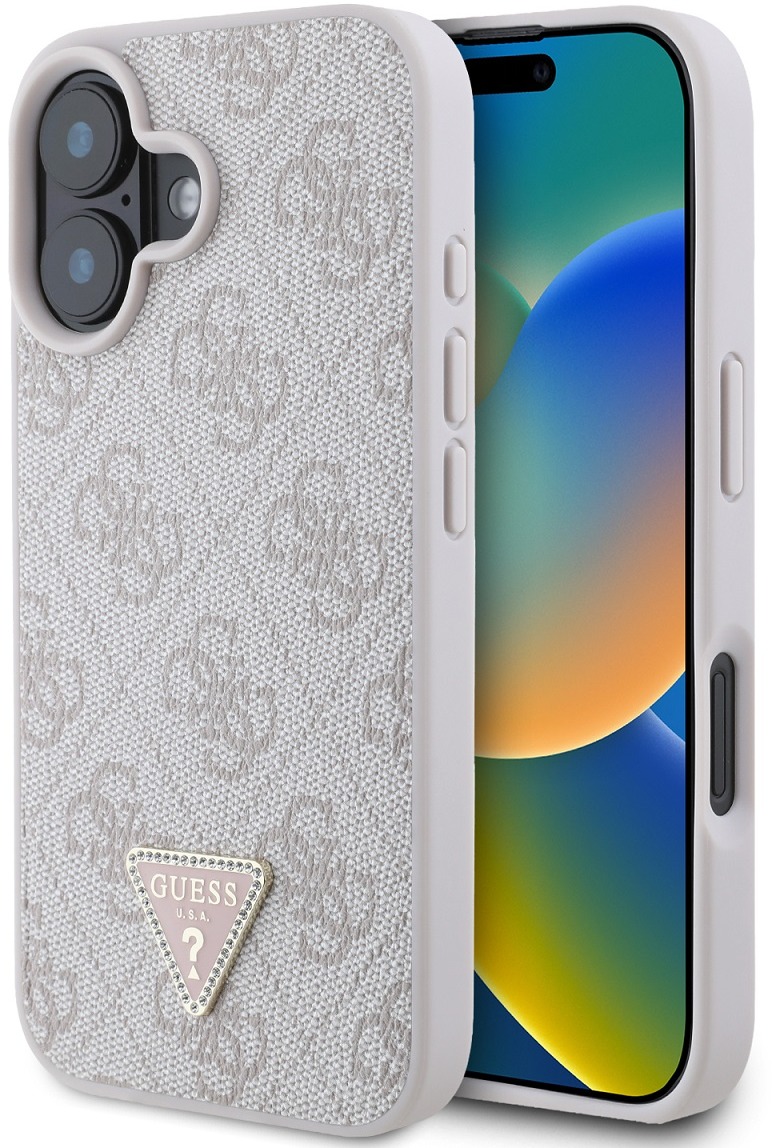 Guess PU 4G Strass Triangle Metal Logo Zadný Kryt pre iPhone 16e/17e Pink