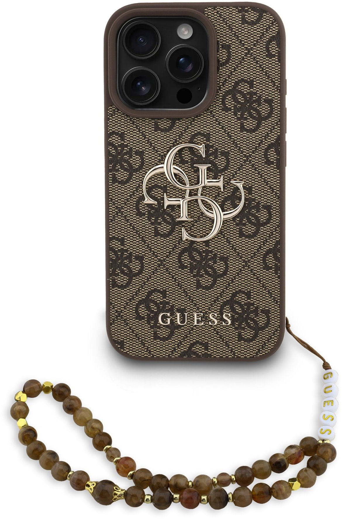Guess PU 4G Metal Logo Strap Zadný Kryt pre iPhone 16 Pre Brown