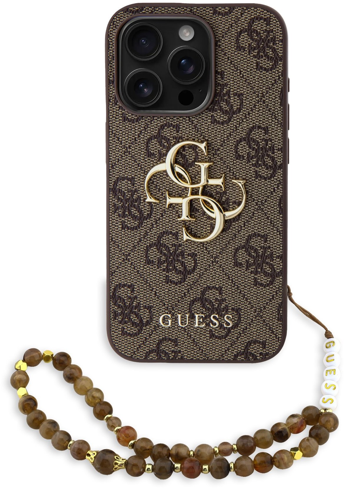 Guess PU 4G Metal Logo Strap Zadný Kryt pre iPhone 15 Pre Brown