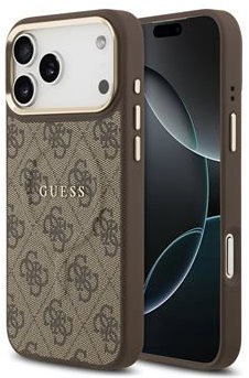 Guess PU Leather 4G Gold Frame MagSafe Zadný Kryt pre iPhone 17 Pro Max Brown