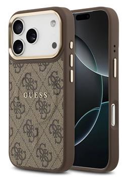 Guess PU Leather 4G Gold Frame MagSafe Zadný Kryt pre iPhone 17 Pro Brown