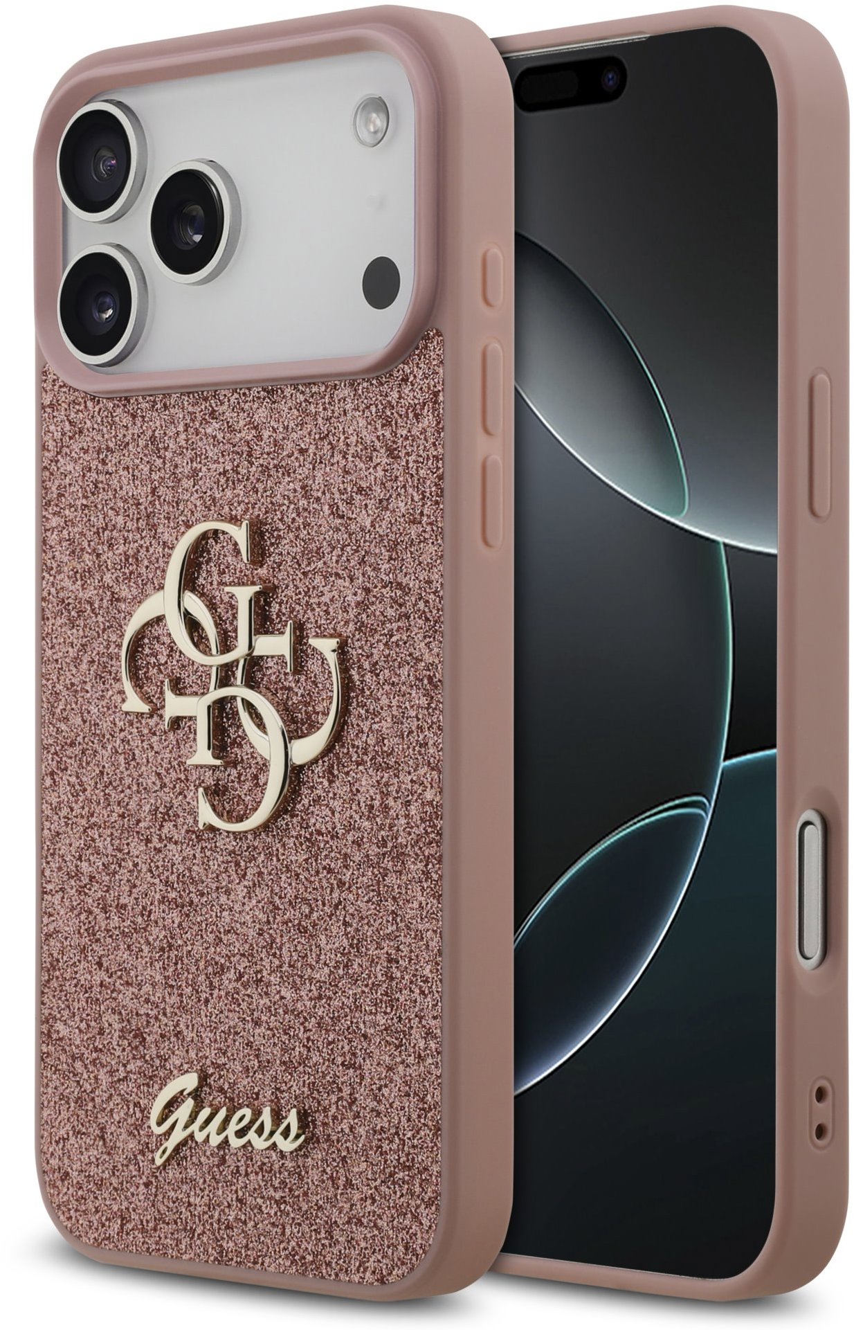 Guess PU Fixed Glitter 4G Metal Logo Zadný Kryt pre iPhone 17 Pro Max Pink