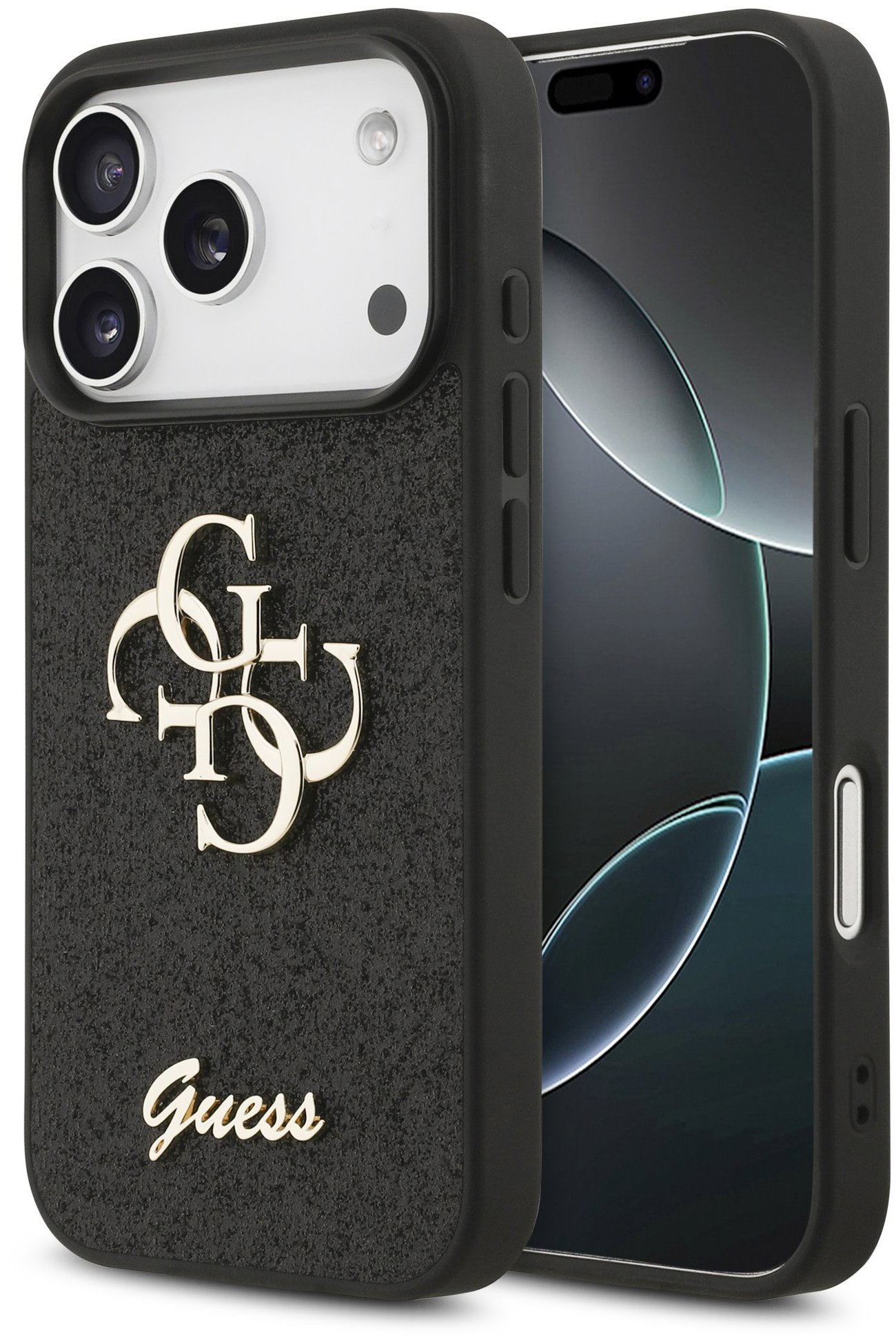 Guess PU Fixed Glitter 4G Metal Logo Zadný Kryt pre iPhone 17 Pro Black