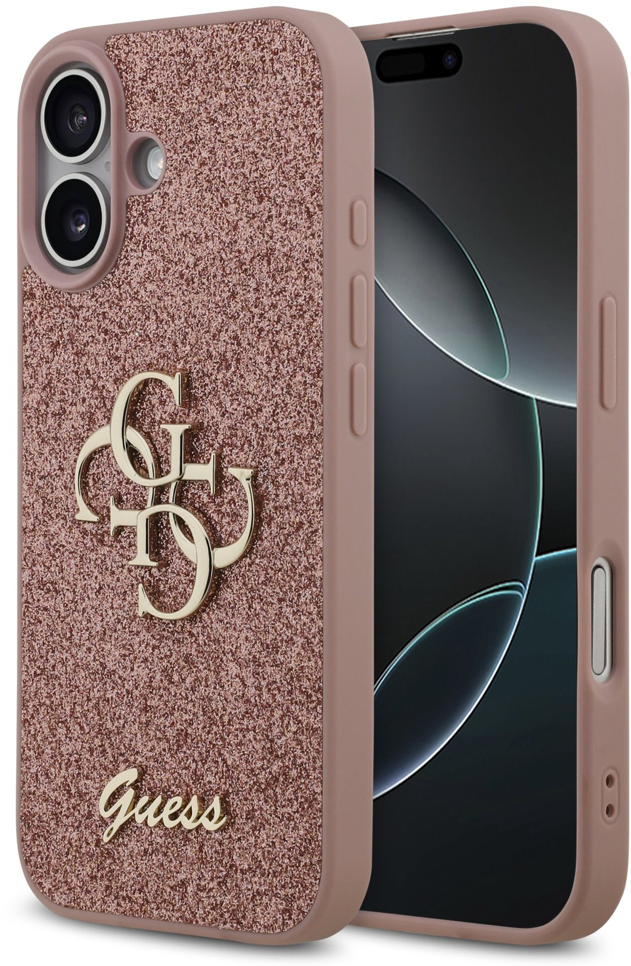 Guess PU Fixed Glitter 4G Metal Logo Zadný Kryt pre iPhone 17 Pink