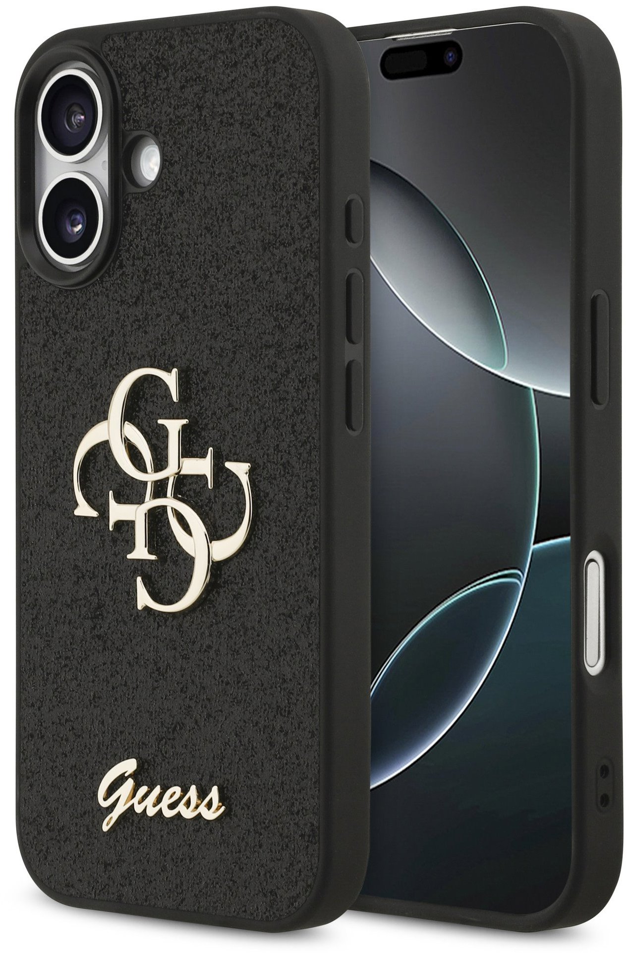 Guess PU Fixed Glitter 4G Metal Logo Zadný Kryt pre iPhone 17 Black