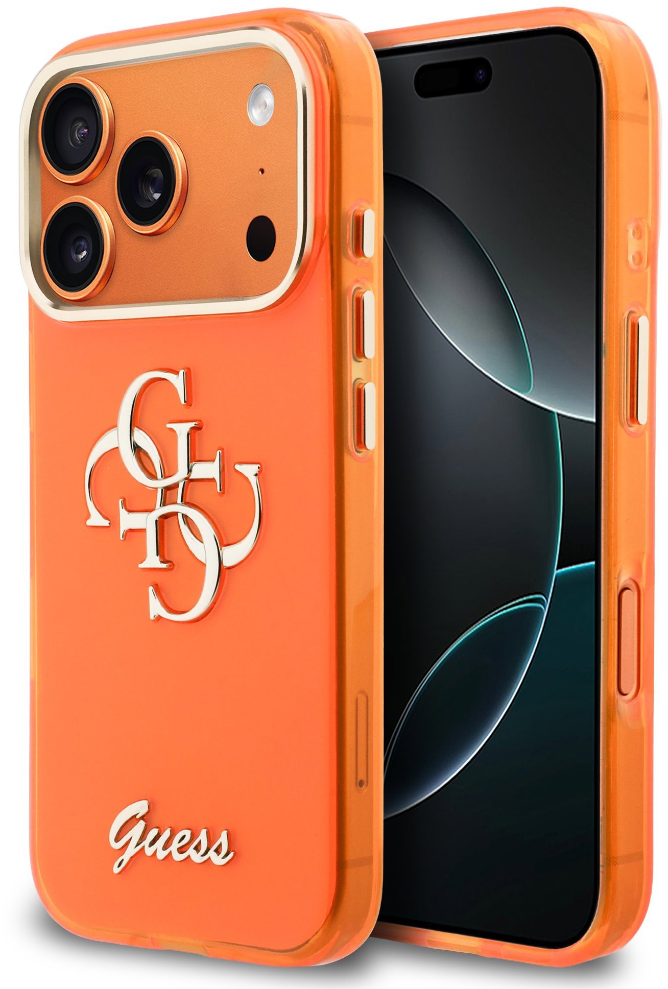 Guess IML 4G Script Metal Logo Zadný Kryt pre iPhone 17 Pro Orange