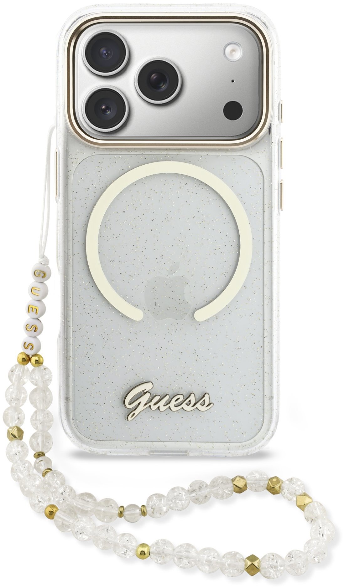 Guess IML Glitter Script Strap MagSafe Zadný Kryt pre iPhone 17 Pro Transparent