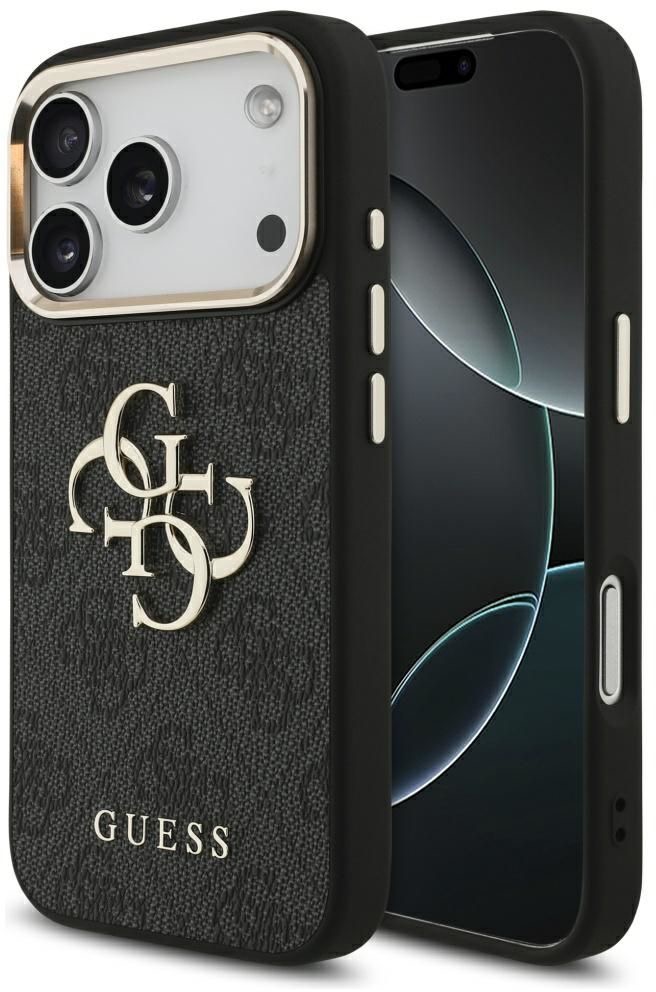 Guess PU Leather 4G Metal Logo Gold Frame Zadný Kryt pre iPhone 17 Pro Black