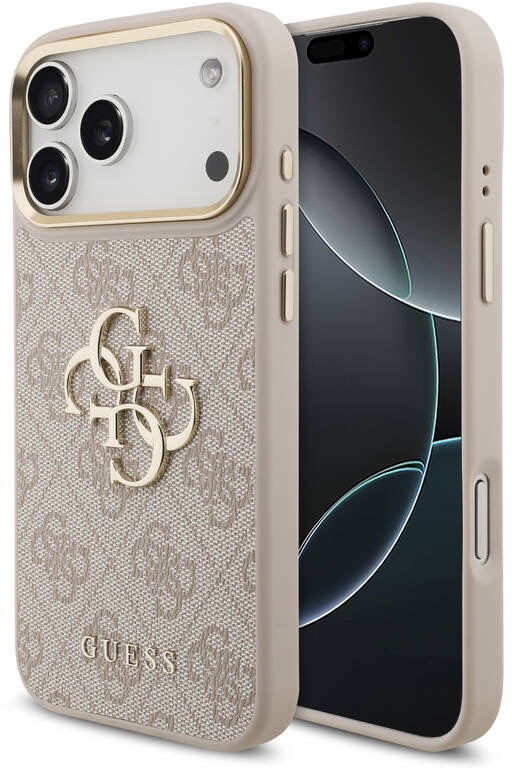 Guess PU Leather 4G Metal Logo Gold Frame Zadný Kryt pre iPhone 17 Pro Max Pink