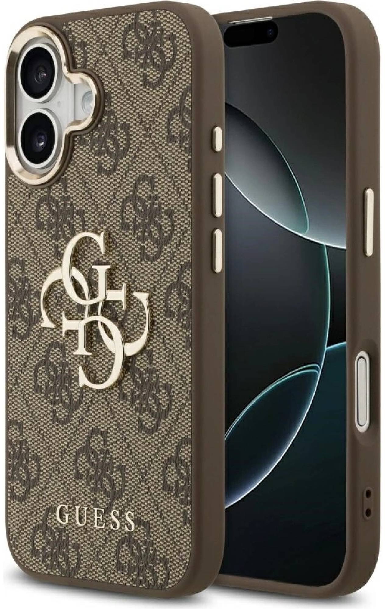Guess PU Leather 4G Metal Logo Gold Frame Zadný Kryt pre iPhone 17 Brown