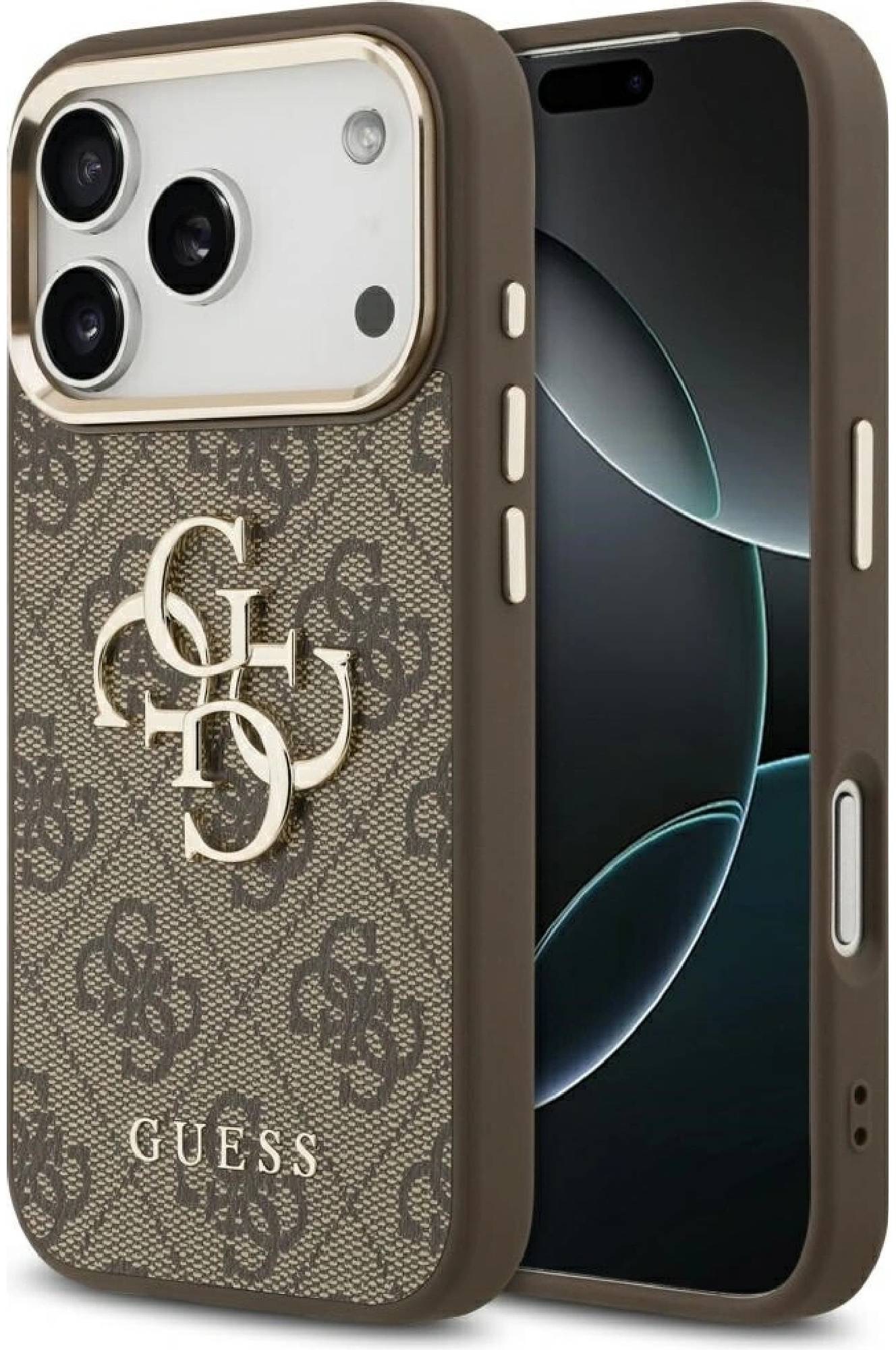 Guess PU Leather 4G Metal Logo Gold Frame Zadný Kryt pre iPhone 17 Pro Brown