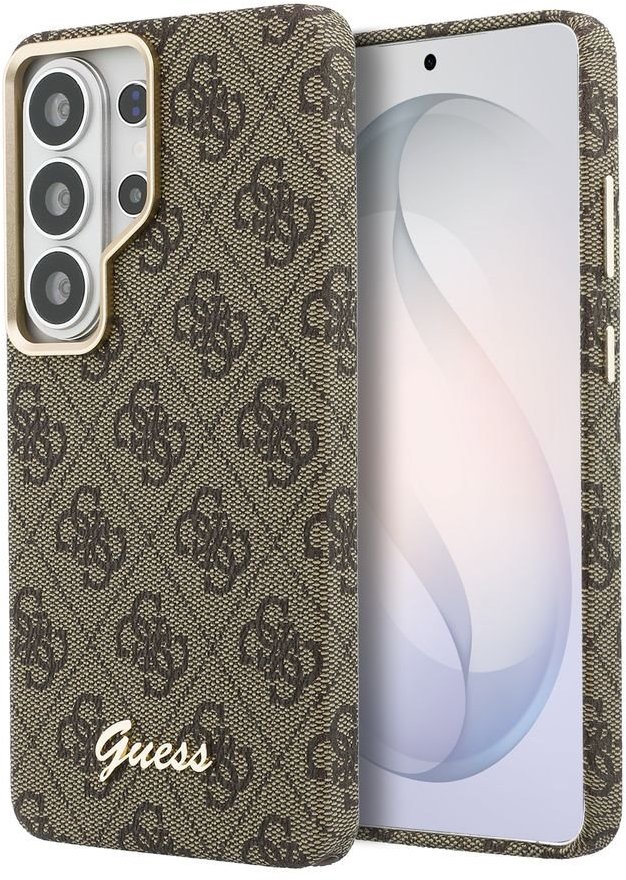 Guess PU 4G Script Metal Logo Magnetic Zadný Kryt na Samsung Galaxy S26 Ultra Brown