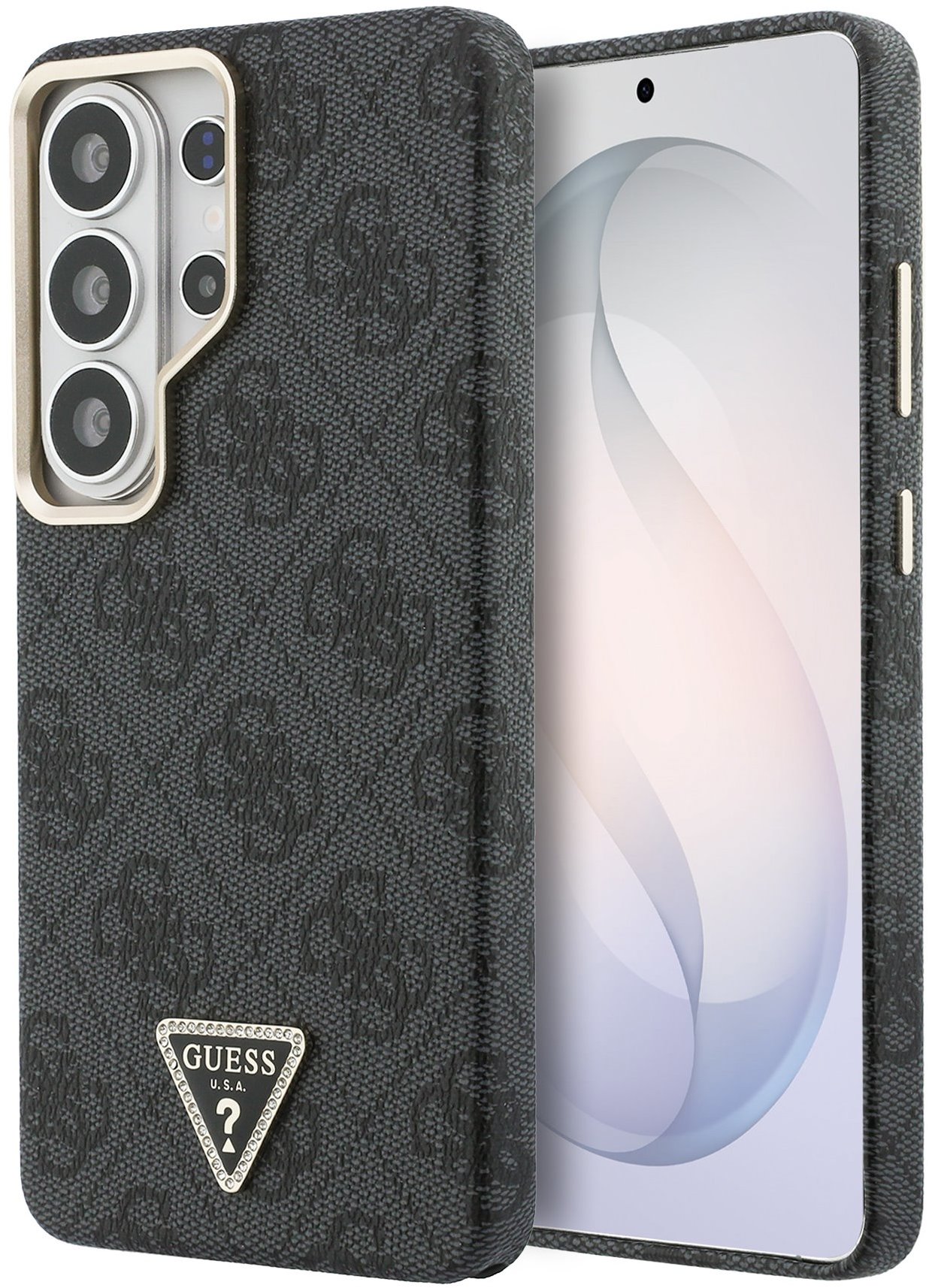 Guess PU Leather 4G Strass Triangle Logo Gold Frame Magnetic Zadný Kryt na Samsung Galaxy S26 Ultra