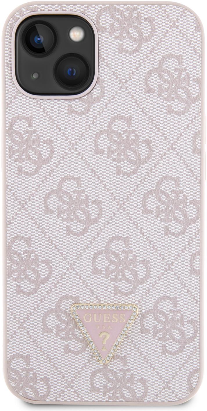 Guess PU 4G Strass Triangle Metal Logo Zadný Kryt pre iPhone 15 Pink