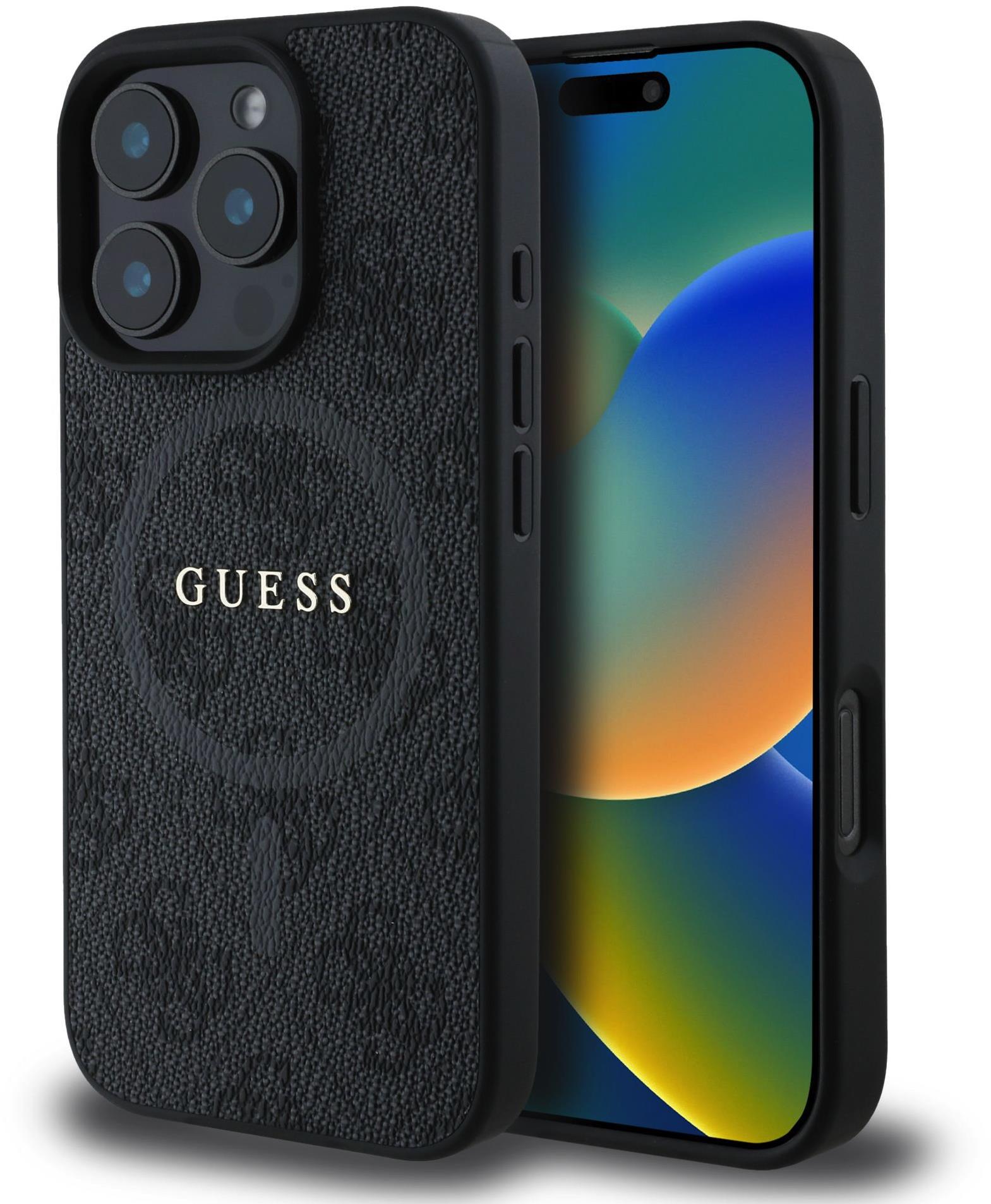 Guess PU Leather 4G Colored Ring MagSafe Zadný Kryt pre iPhone 16 Pro Black