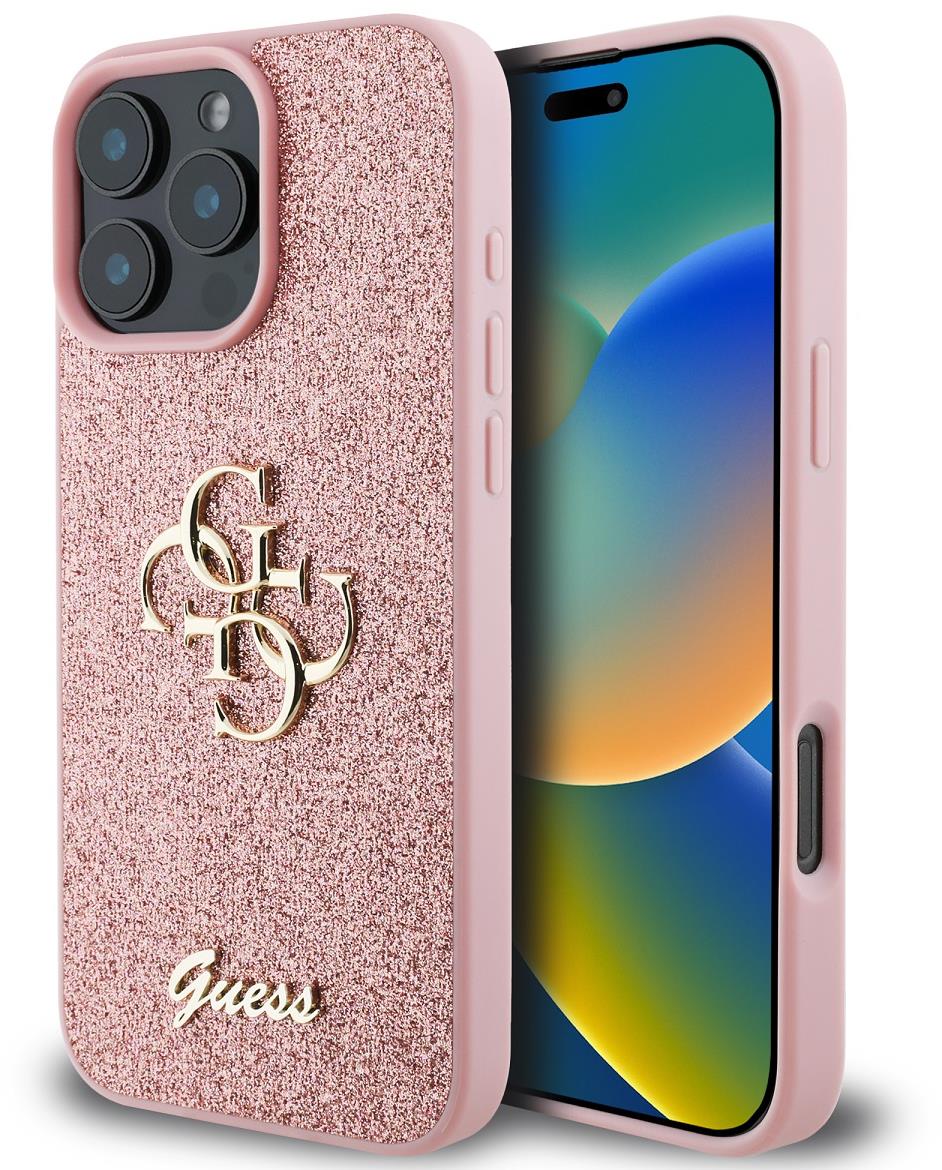 Guess PU Fixed Glitter 4G Metal Logo Zadný Kryt pre iPhone 16 Pro Pink