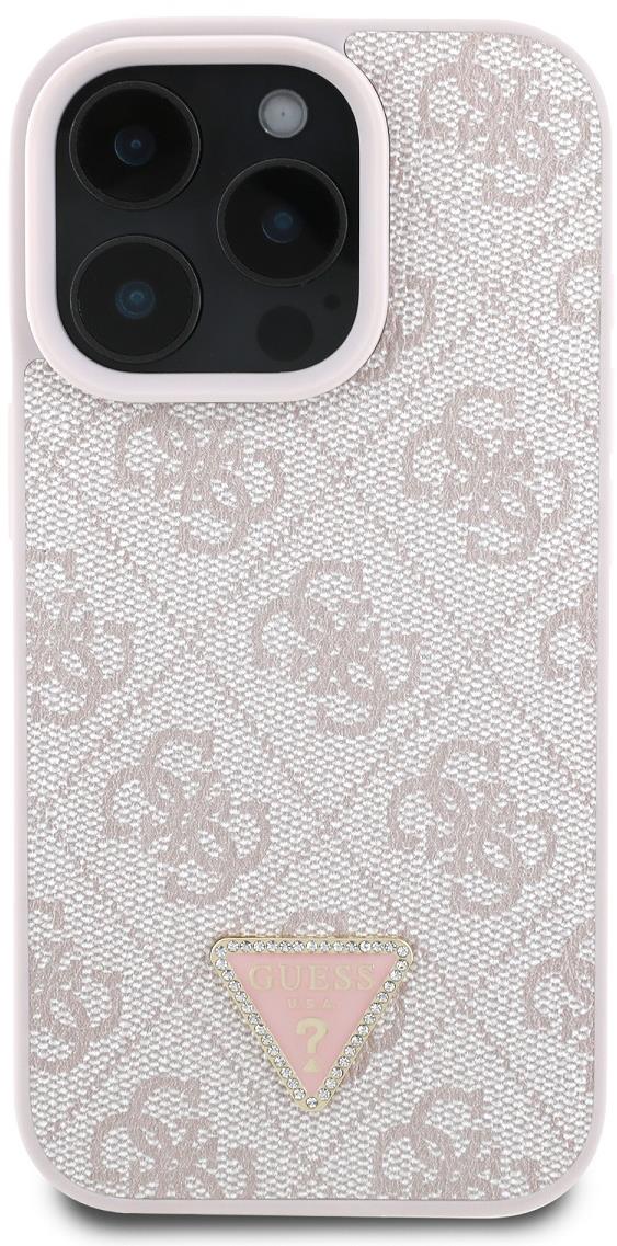 Guess PU 4G Strass Triangle Metal Logo Zadný Kryt na iPhone 16 Pro Pink