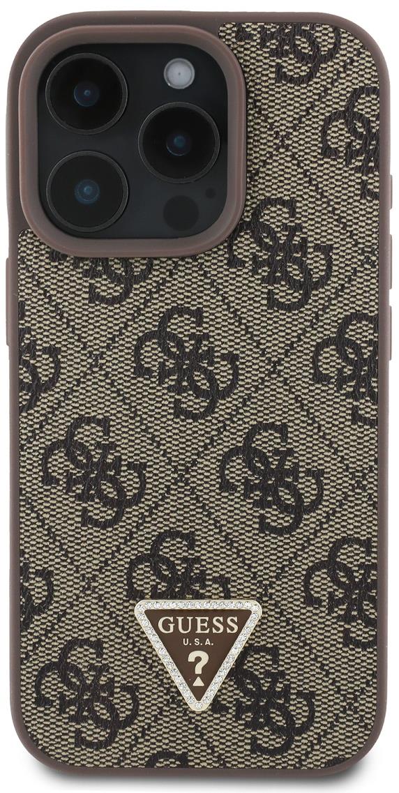 Guess PU 4G Strass Triangle Metal Logo Zadný Kryt na iPhone 16 Pro Max Brown