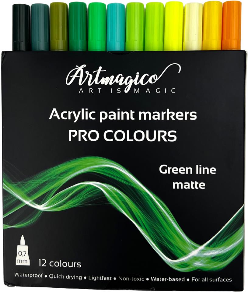 Artmagico Pro Green Line akrylové fixky, zelené odtiene, 12 ks