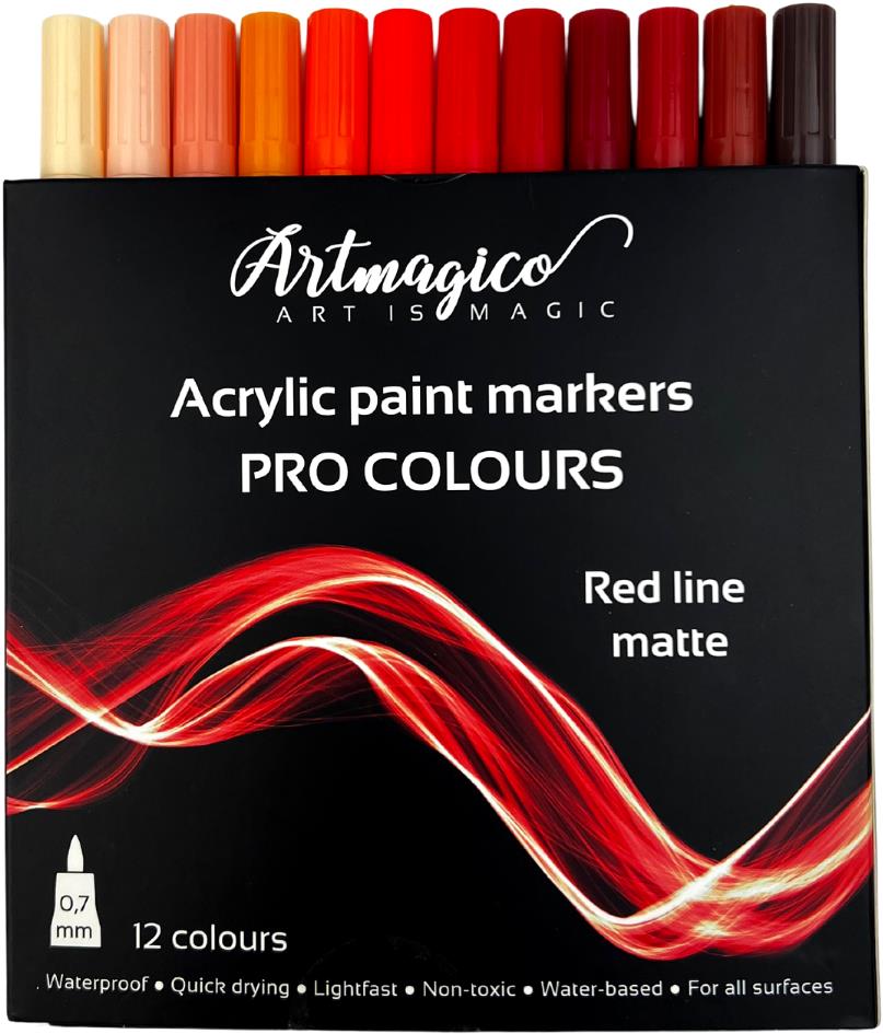 Artmagico Pro Red Line akrylové fixky, červené odtiene, 12 ks