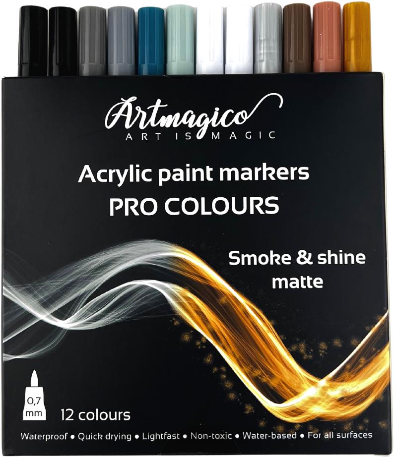 Artmagico Pro Smoke and Shine akrylové fixky, čierno-biele a metalické odtiene, 12 ks
