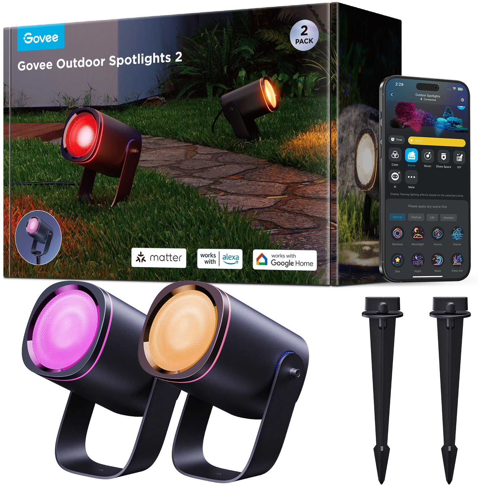 Govee RGBWW Smart záhradné reflektory, 750 lm Matter, 2 ks