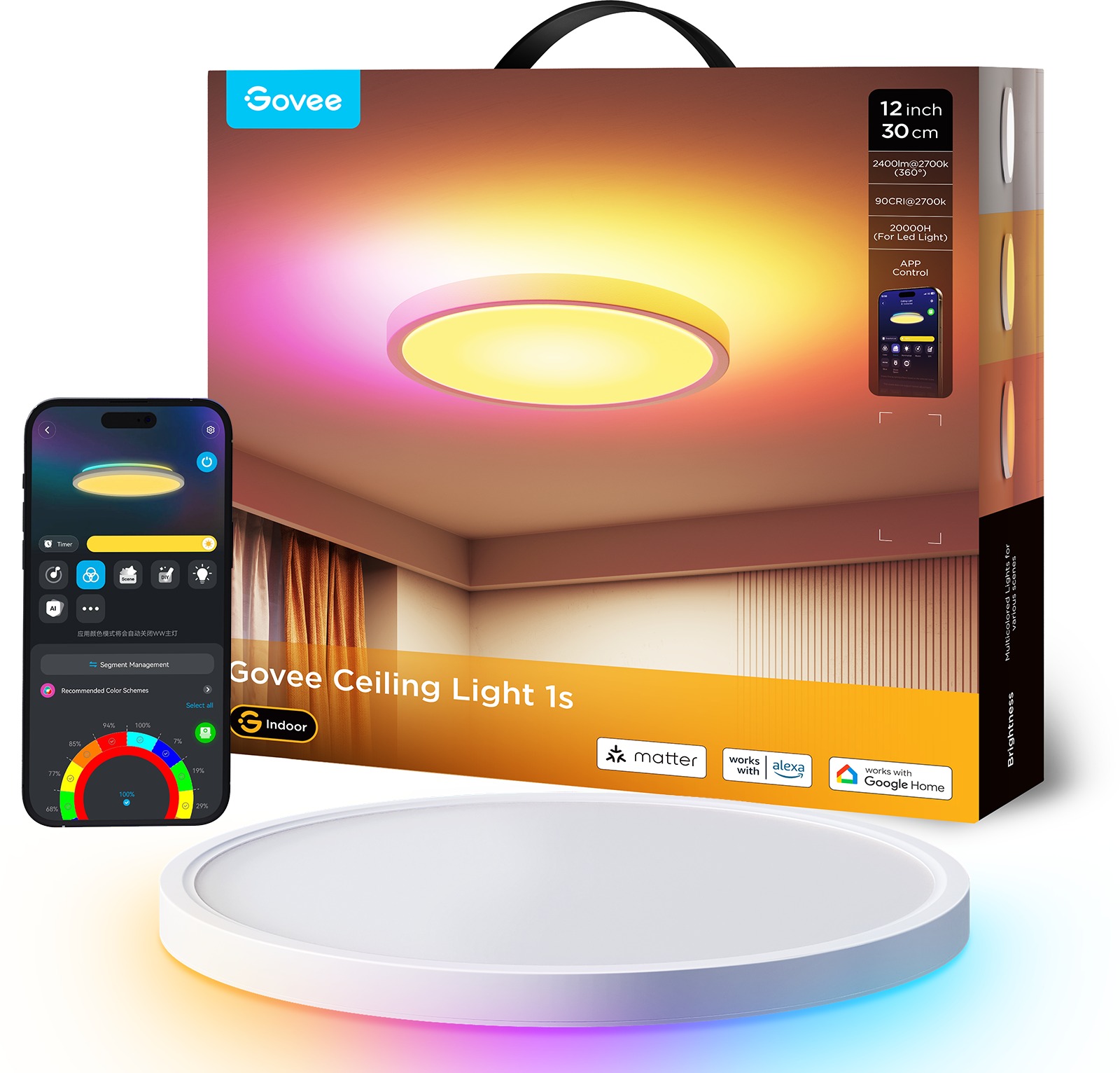 Govee RGBICWW Smart okrúhle stropné svetlo 2400 lm 30 cm Matter