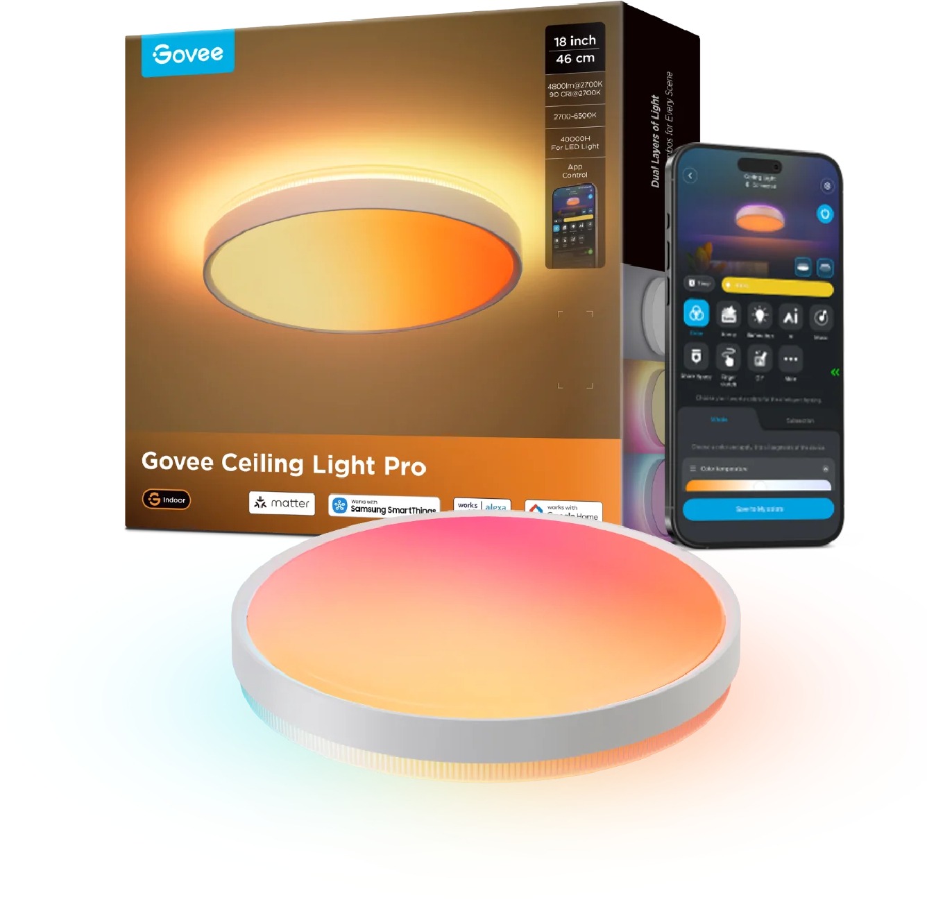 Govee RGBICWW Smart duálne okrúhle stropné svetlo 4800 lm 46 cm, Matter