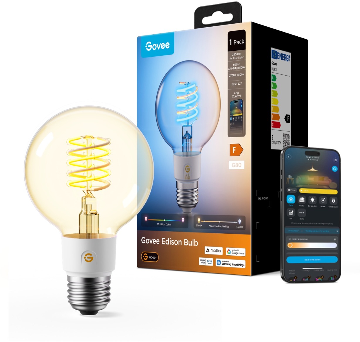 Govee Inteligentná žiarovka G80 RGBWW 5 – 40 W 500 lm E27 Long Life, Matter