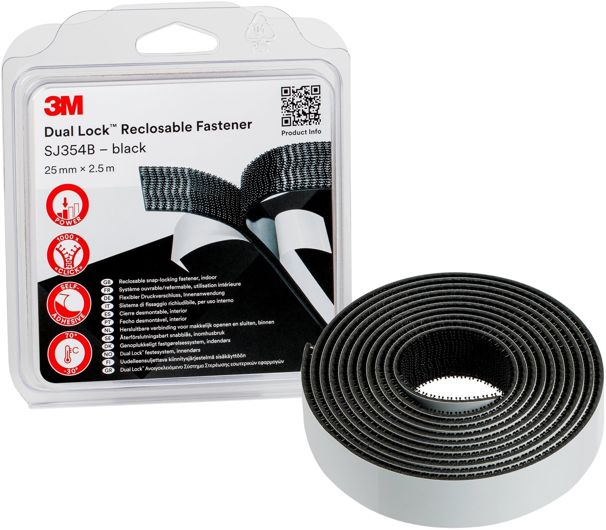 3M,, Dual-Lock™ samolepiaci suchý zips SJ354B, čierny, 25 mm × 2,5 m v blistri