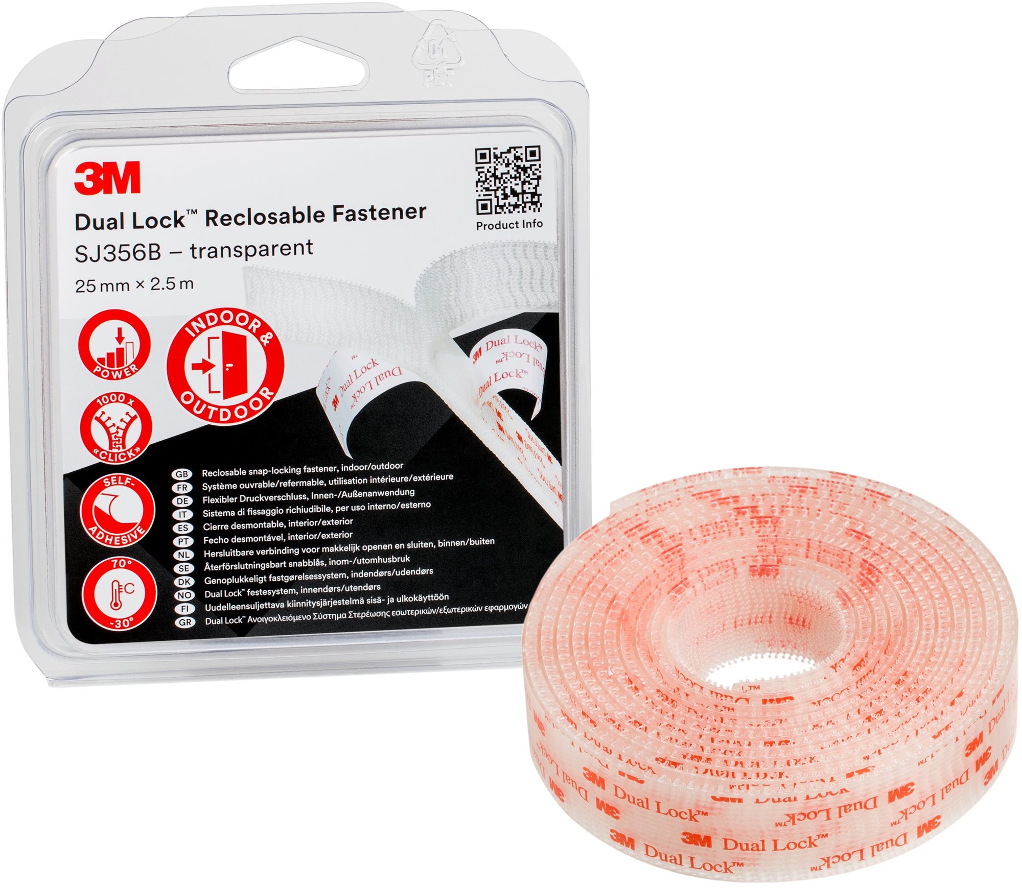 3M™ Dual-Lock™ samolepiaci suchý zips SJ356B, transparentný, 25 mm × 2,5 m v blistri