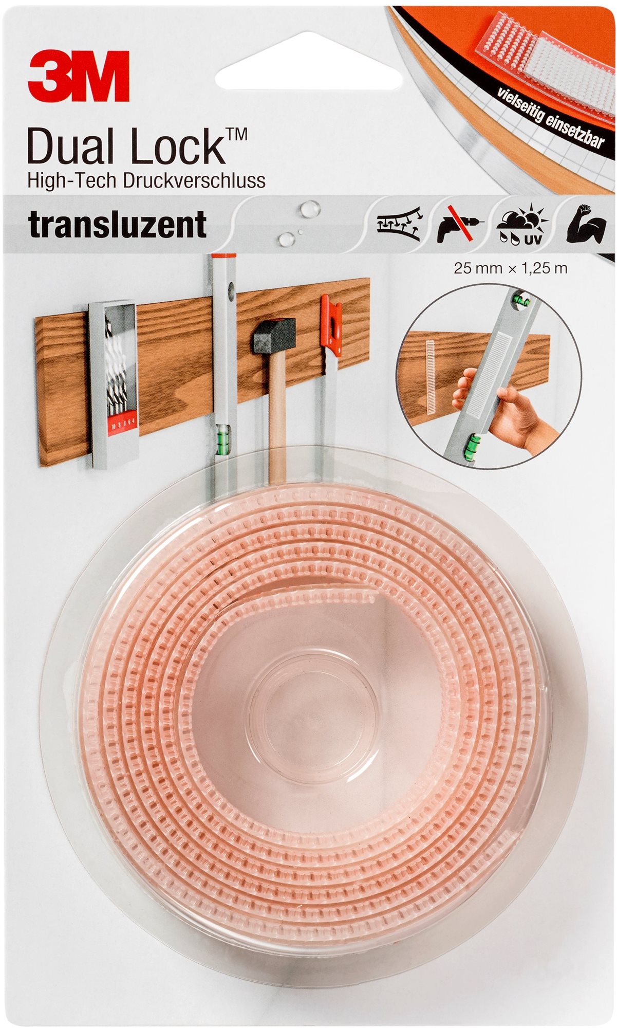 3M™ Dual-Lock™ samolepiaci suchý zips SJ3560, transparentný, 25 mm × 1,25 m v blistri
